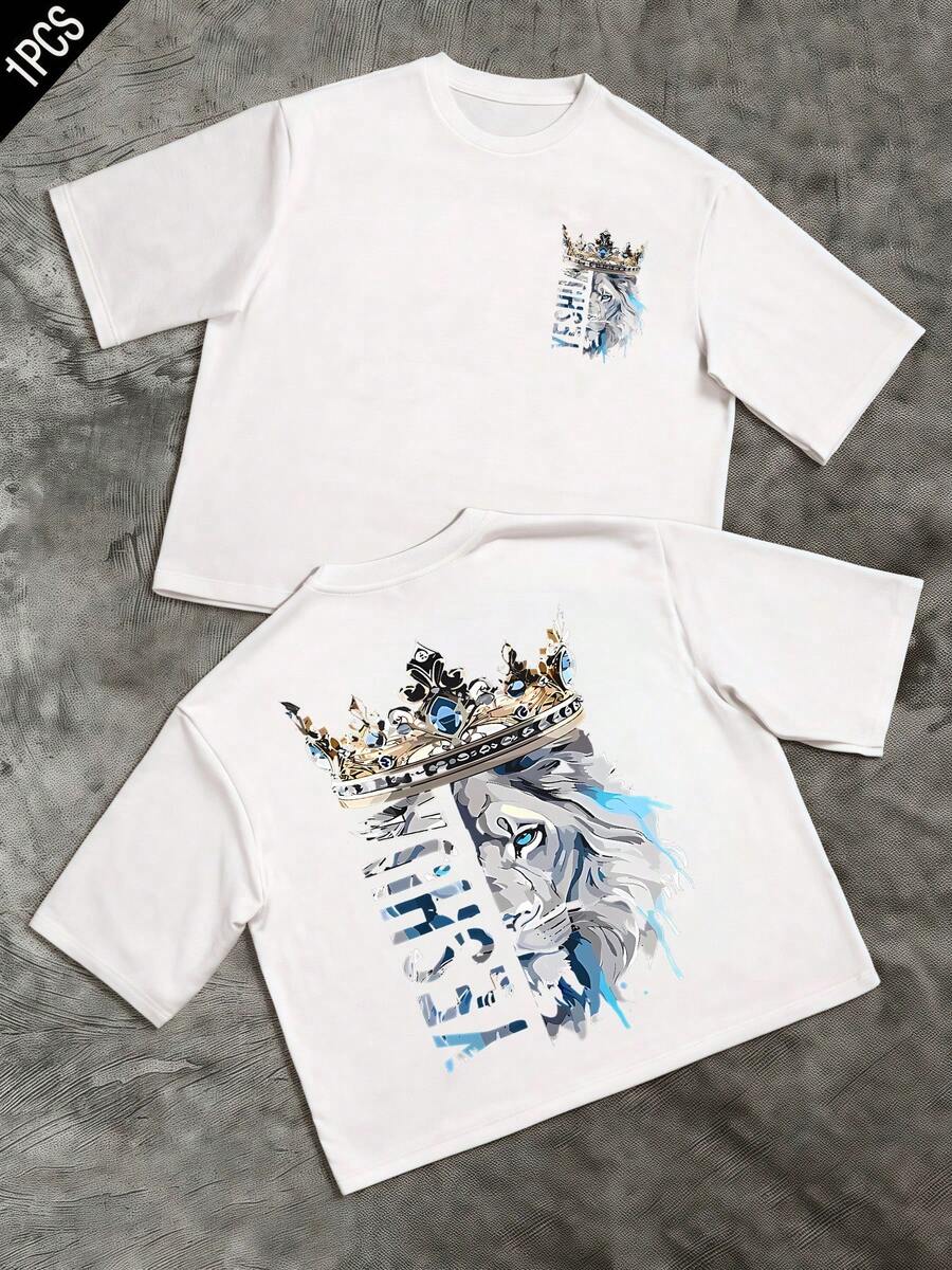 Lion Head With Golden Crown And Blue Jewels Symbolizes Strength, Wisdom, And Inner Leadership With Details That Reflect Power And Elegance. Men's Double-Sided T-Shirt With Modern Print And Comfortable Fit - White - View 1