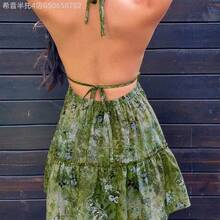 Fengyu Women's Clothing Store  Vestido casual de mujer para vacaciones y uso diario con estampado digital retro de paisley, sin espalda, con tirantes de lazo, primavera/verano - Verde Oscuro - Ver 3