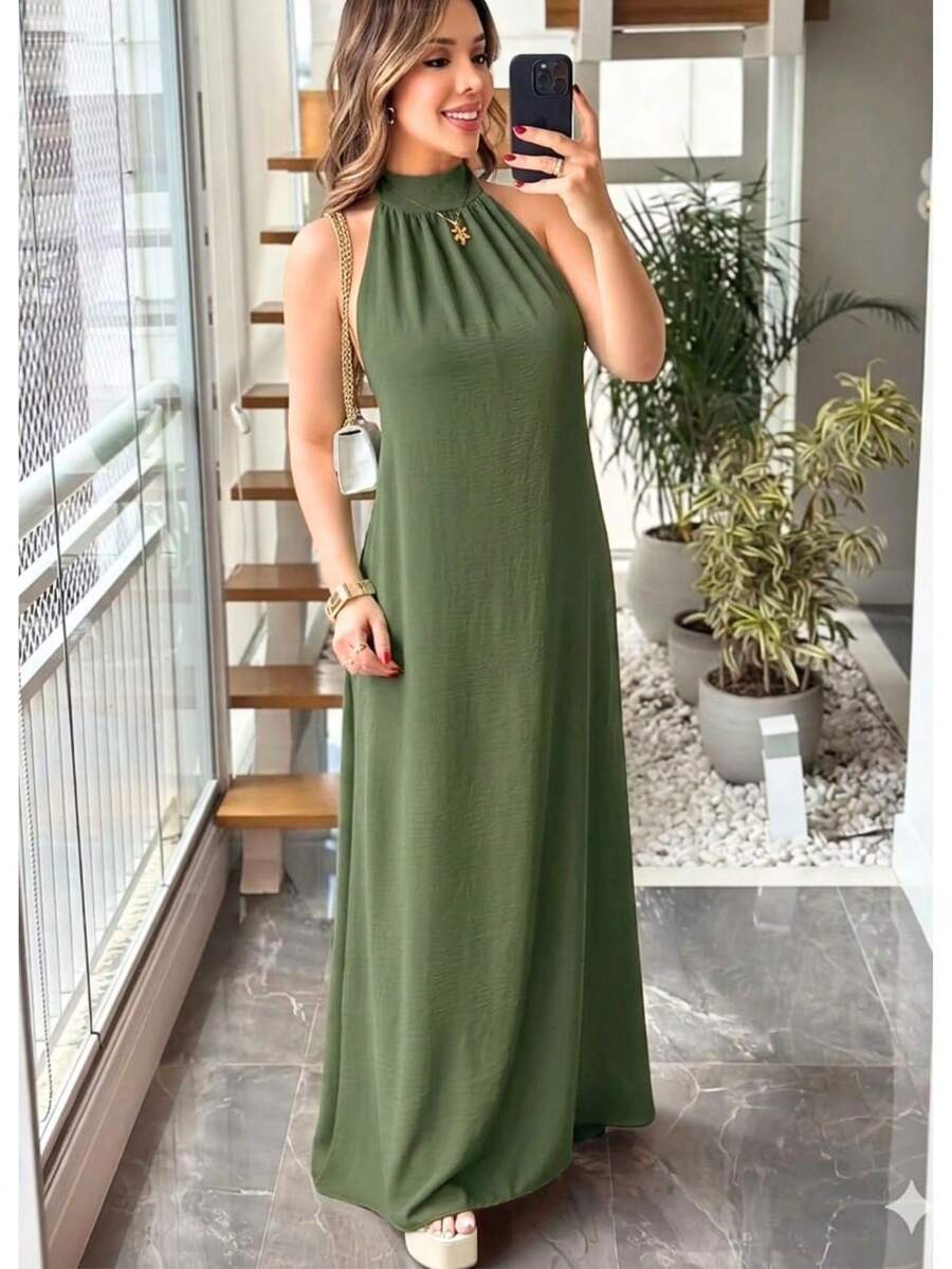 Women's Long Dress Duna Tank Top Backless High Neck Elegant Casual Summer - 軍綠色 - 查看 1