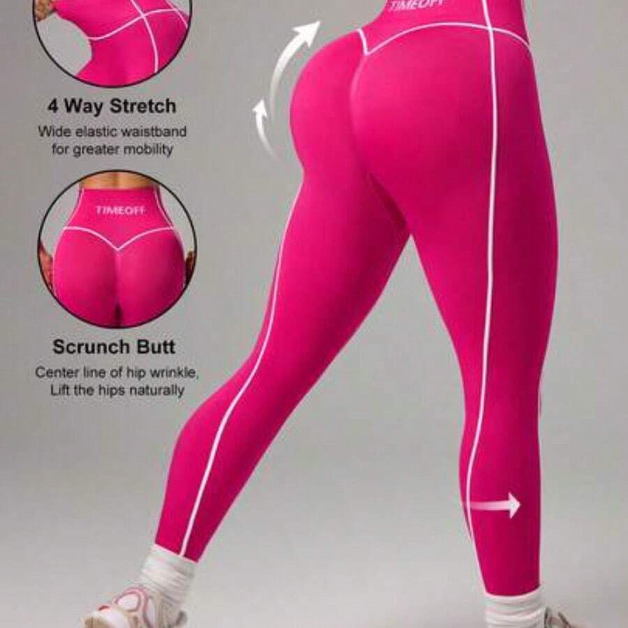 guangzhougaolangshangmao Slayform Leggings de cintura alta con estampado de letras para mujer, de uso casual y fitness - Rosa Fucsia - Ver 1