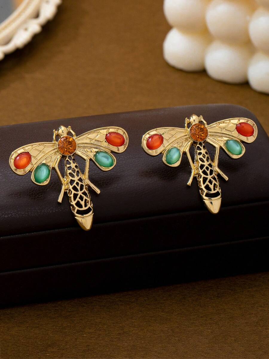 1 par de pendientes elegantes y minimalistas de estilo europeo y americano con diseño de libélula - Multicolor - Ver 1
