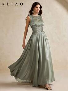 ALIAO Summer Round Neck Sleeveless Shiny Long Dress, Waist Pleated Design, Elegant Versatile Long Dress, Suitable For Commuting, Dating And Parties - Gray green - View 3