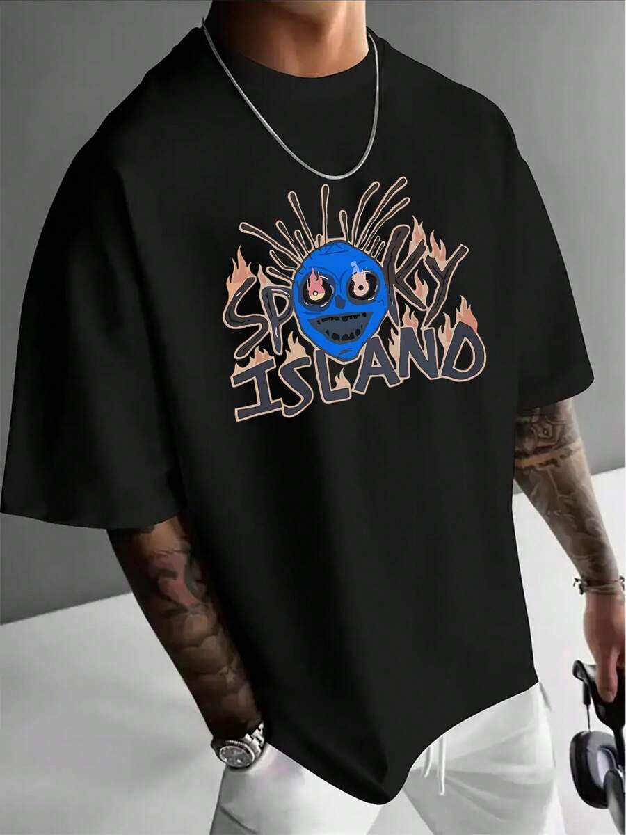 1 pieza de ropa para hombre, camiseta casual para hombre con estampado de terror isleano, camiseta de manga corta con cuello redondo para hombre de verano, camiseta de manga corta estampada, moderna y versátil, TALLA - Negro - Ver 1