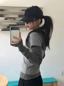 Korean Style V-Neck Button Striped Patchwork Hooded Long Sleeve 2 Pieces T-Shirt Set For Women Elegant Summer - Grey - View 3