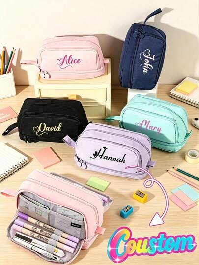 1 pieza Estuche para lápices con diseño de nombre personalizado de doble capa y doble cremallera, bolsa multifuncional para bolígrafos, unicolor minimalista de gran capacidad, organizador de papelería para la escuela/oficina, también se puede usar como bolsa de cosméticos, estuche lindo para bolígrafos, bolsa de suministros para estudiantes de primaria, bolsa de diario de viaje, bolsa de organización de oficina, diseño personalizado adecuado para marcadores y papelería portátil, impresión personalizable, caja de almacenamiento de maquillaje, diseño, ideal, oficina y viaje, regalo de cumpleaños, multifuncional, decorativo, diseño de fuente, moda, moderno, colorido, lindo, casual, personalizado, único, personalizable, regalo ideal