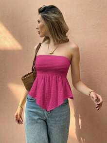 Top bandeau sin tirantes de unicolor con volantes en el bajo, para vacaciones - Rojo - Ver 4
