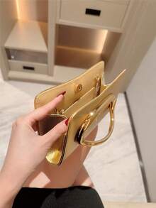 1 pieza Bolso de mano tipo clutch con decoración metálica de estilo europeo y americano, bolso de mano metálico brillante para mujer, sensación de lujo elegante para vestido de noche, fiesta, boda, baile de graduación, gala, diseño de cuero romántico con cadena metálica - Dorado - Ver 8