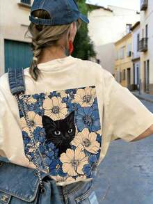 Comfortable Plus Size Crew Neck T-Shirt With Unique Cat And Blue Flower Print With Simulated Effect, Casual Style. - 杏色 - 查看 6