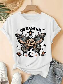Camiseta unisex de manga corta, nueva colección Primavera/Verano 2026, camiseta de manga corta con cuello redondo y estampado de mariposas y rosas estilo tatuaje vintage para mujer, top casual de estilo vintage desgastado, ropa suave de alta calidad para mujer.| Diseño Divertido y Original| Adecuado para el transporte diario en primavera.Playeras hombre, spiderman, ,  mujer, romwe men, boho chic, regalos para maestras, camiseta para mujer, conjuntos curvy para mujer, y2k. - Blanco - Ver 1