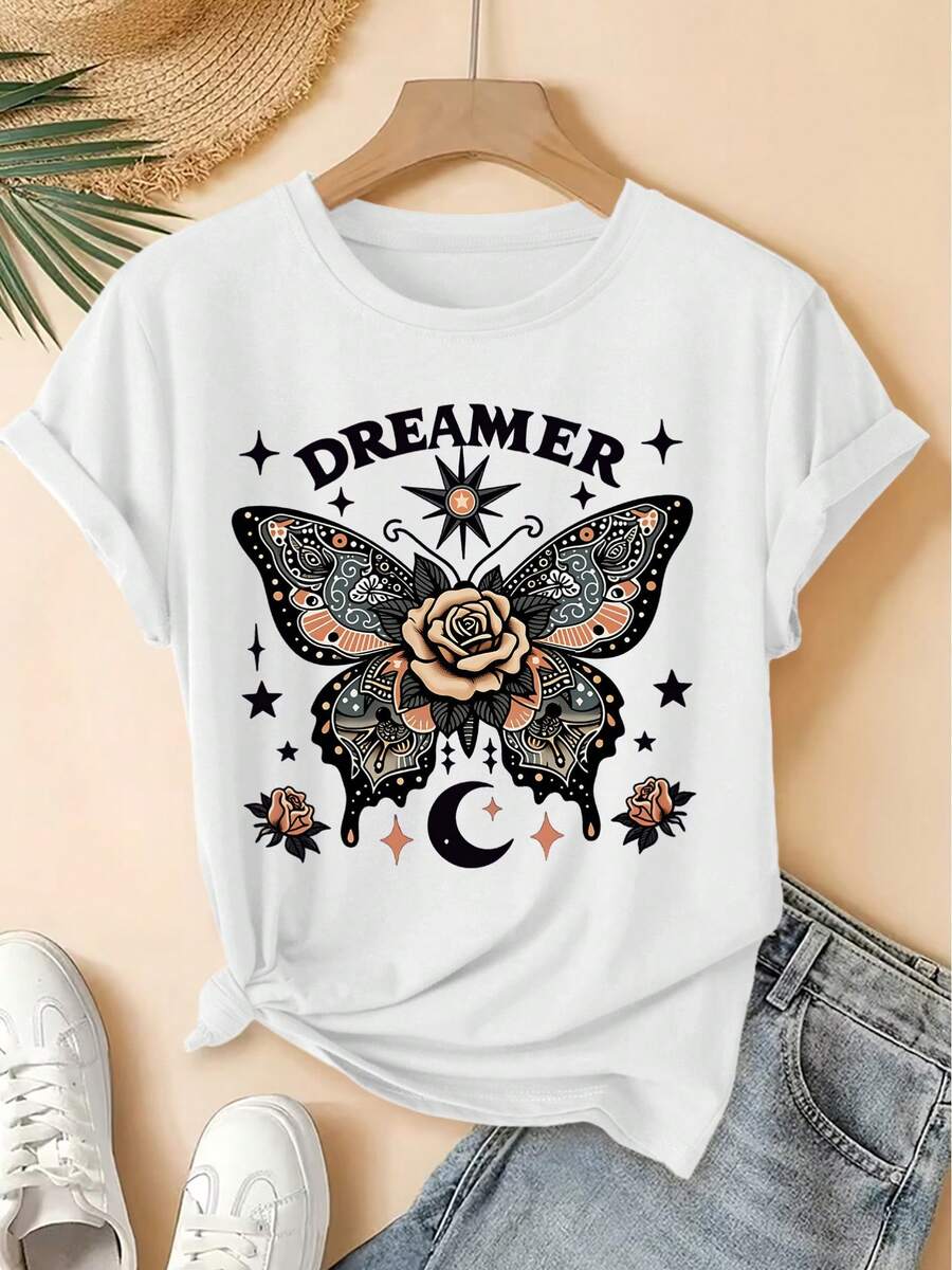 Camiseta unisex de manga corta, nueva colección Primavera/Verano 2026, camiseta de manga corta con cuello redondo y estampado de mariposas y rosas estilo tatuaje vintage para mujer, top casual de estilo vintage desgastado, ropa suave de alta calidad para mujer.| Diseño Divertido y Original| Adecuado para el transporte diario en primavera.Playeras hombre, spiderman, ,  mujer, romwe men, boho chic, regalos para maestras, camiseta para mujer, conjuntos curvy para mujer, y2k. - Blanco - Ver 1
