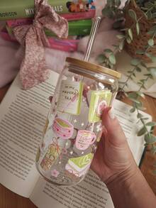 1 Set/Book & Matcha Series Iced Glass Straw Cup, Matcha Iced Drink Straw Cup Set, Cup Can Be Used As Vase, Candle Holder, Graduation Gift, Gift For Matcha Lovers - Multicolor - View 1