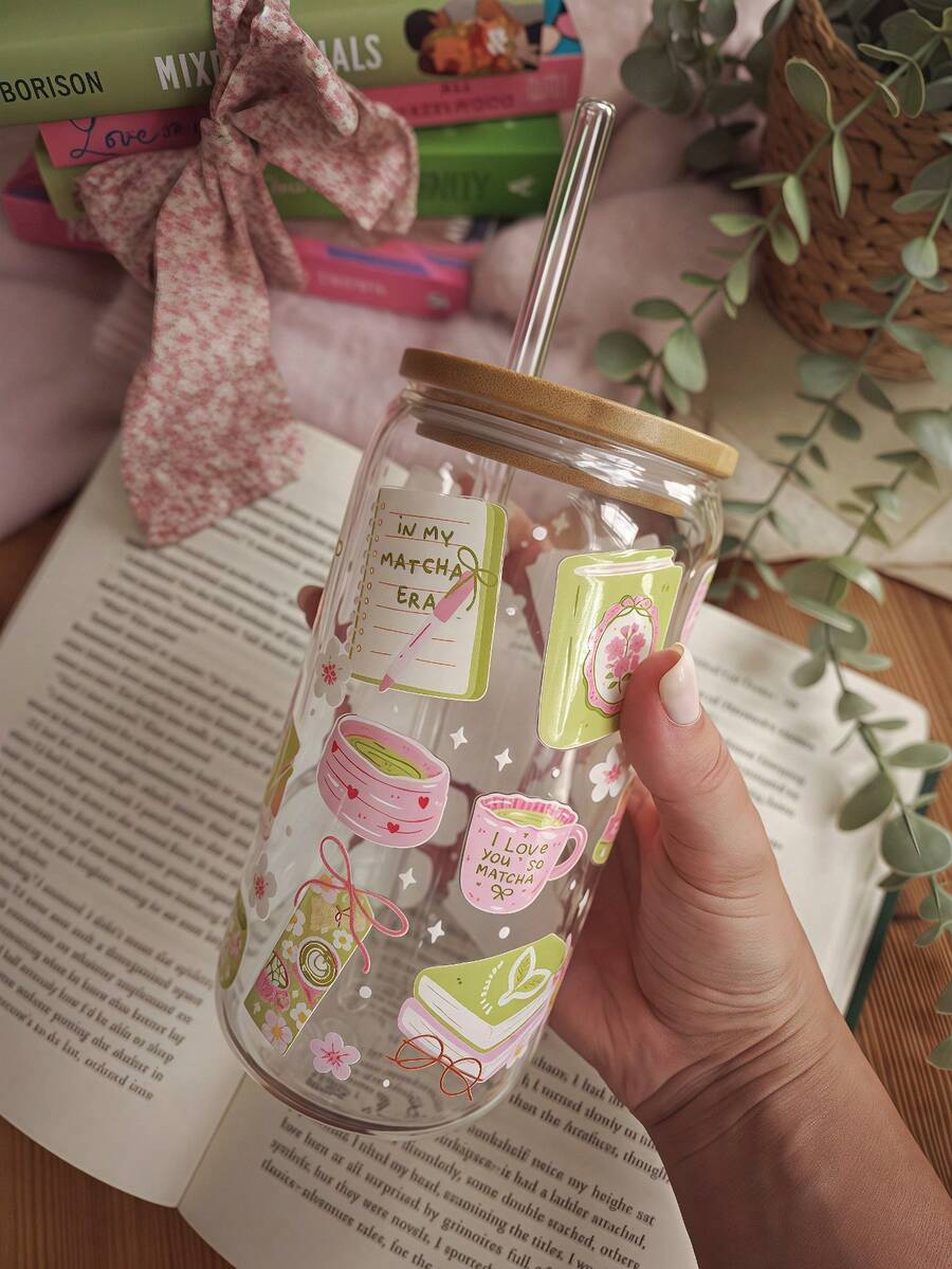 1 Set/Book & Matcha Series Iced Glass Straw Cup, Matcha Iced Drink Straw Cup Set, Cup Can Be Used As Vase, Candle Holder, Graduation Gift, Gift For Matcha Lovers - Multicolor - View 1