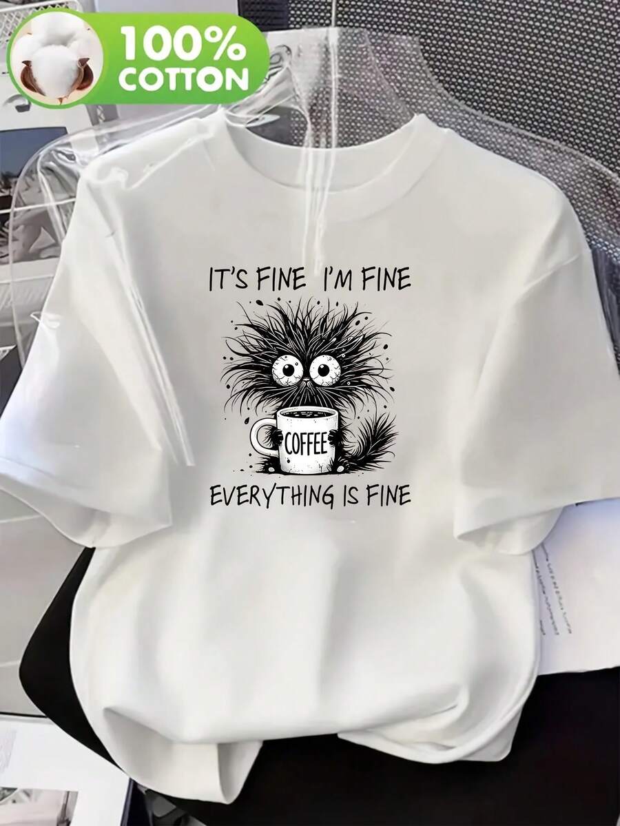 Women's Summer T-Shirt, 100% High Quality, Plus Size, With "I'm Fine" Slogan And Cat Print, Round Neck, Short Sleeves, Elegant And Casual, Ideal For Home. - 白色 - 查看 1