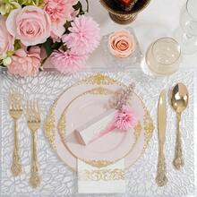 300 piezas de platos de plástico rosa y dorado, juego de vajilla desechable rosa para 50 invitados: 100 platos, 50 cuchillos, 50 tenedores, 50 cucharas y 50 servilletas para bodas, aniversarios y fiestas. - Rosa y oro - Ver 7