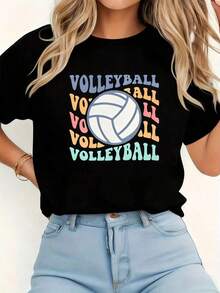 CHICLY19 Retro Cotton Camisole With Volleyball Graphic Print, Women's Sports Camisole With Team Player Print, Casual White Short Sleeve Round Neck Top, Pastel Aesthetic Cotton Camisole For Daily Wear And On Game Days, Breathable And Comfortable. - 黑色 - 查看 7