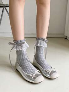 1/3 Pairs Thin Lace Trim Bow Decor Sweet Ballet Style Mid-Calf Socks, Spring/Summer - Multicolor - View 3
