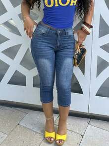 Women's Elastic Fitted Flare Cropped Jeans Casual Vacation - Dark Wash - View 1