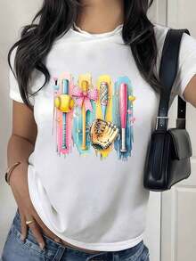 Women's Camisole With Colorful Digital Baseball Print Featuring Bats, Glove, And Ball. Crew Neck, Sports Theme. 220 Grams. 1 Unit. 100% Cotton. Modern Style, Casual Design. Pure-Cotton - 白色 - 查看 7