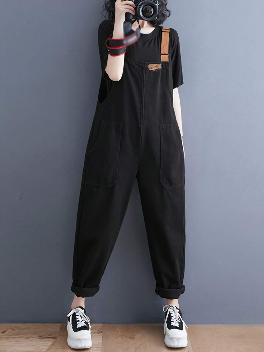 Vintage Soft Denim Jumpsuit With Adjustable Suspenders And Belt, Casual Style, Suspender Pants, Jeans And Women's Clothing - 黑色 - 查看 1