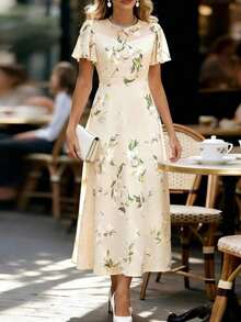 Vestido elegante con estampado floral, mangas con volantes y tela de gasa azul para mujeres - Albaricoque - Ver 12