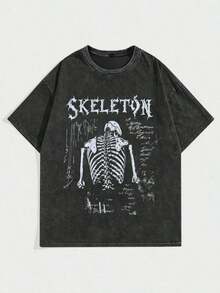 1 Piece Men's Retro Style Washed And Distressed Cotton T-Shirt, Round Neck, Short Sleeve, With Gothic Skeleton Print And Abstract Drawings, Y2K Grunge Style, Urban Casual Wear, Loose Fit Dark Academy Aesthetic T-Shirt For Daily Wear And Festivals DG004A180g 100% Cotton. - 黑色 - 查看 10