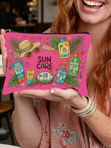 1 Printed Summer Sun Protection Cosmetic Bag Features The Word "SUN CARE" Along With Sun Protection Products And Tropical Patterns. - Multicolor - View 10