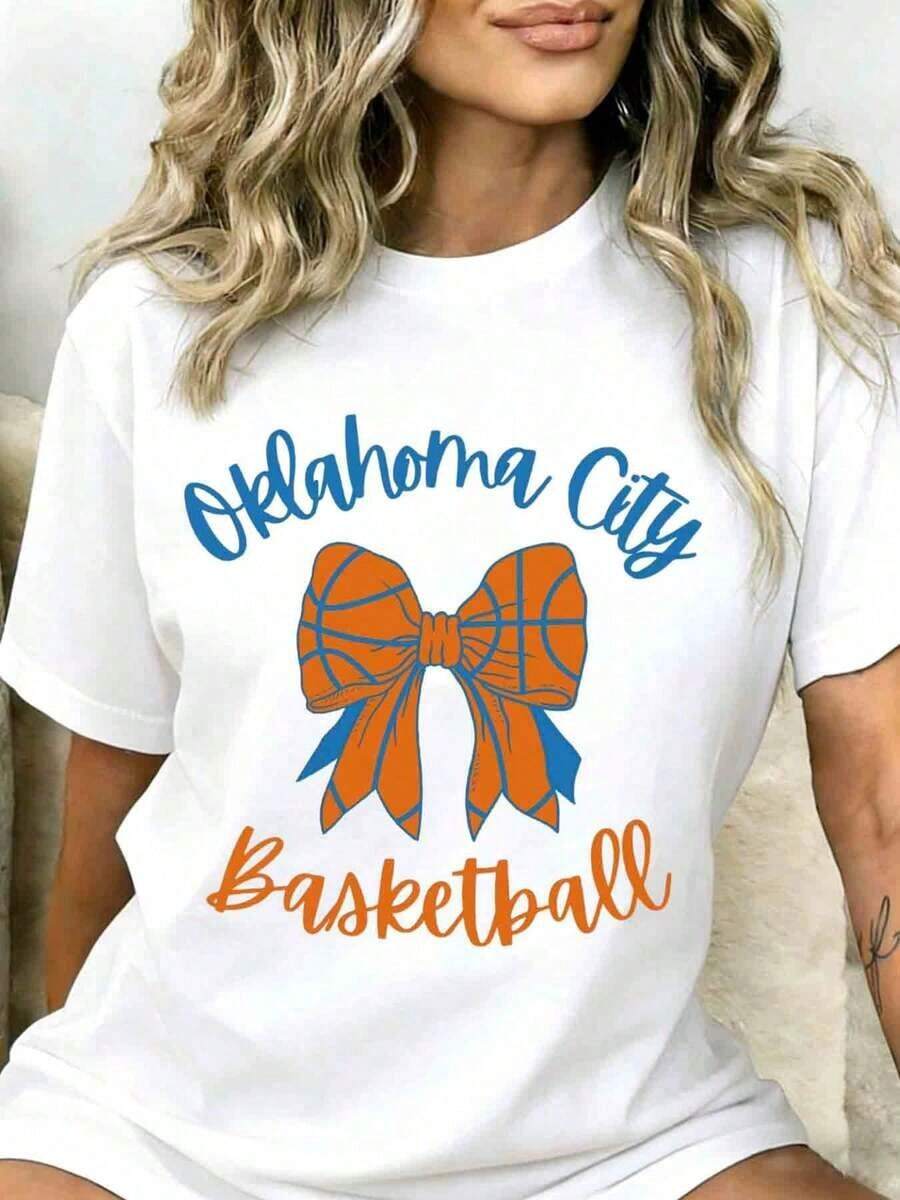 Oklahoma City Basketball Tie Cotton T-Shirt, Cute T-Shirt For Sports Fans, Gift For Oklahoma City Thunder Fans, Summer Casual Wear, A Must-Have. - 白色 - 查看 1