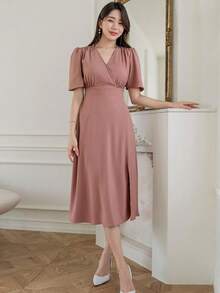 Vestido unicolor de manga farol de muslo con abertura - Rosa vieja - Ver 3
