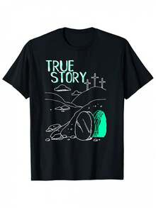 Men's Easter T-Shirt With Empty Tomb And Resurrection Design, Black Crew Neck With Green Print, Sizes S-3XL, Medium Elasticity Fabric, Machine Washable, Suitable For Casual Wear In All Seasons, Comfortable And Durable, Printed Short Sleeve. - 黑色 - 查看 7