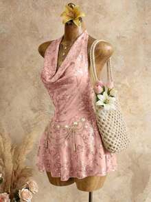 Vestido mini con lentejuelas y espalda descubierta para vacaciones en la playa - Rosa - Ver 5