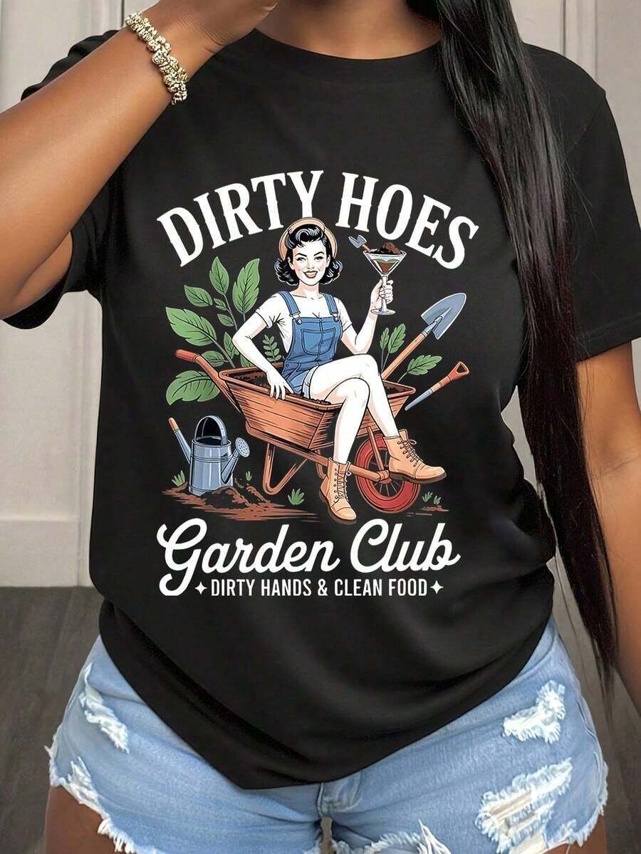 Women's Round Neck T Shirt,Printed With Patterns Of Hand Trucks And Tools,Retro Style,Suitable For Gardening And Casual Wear. - 黑色 - 查看 1