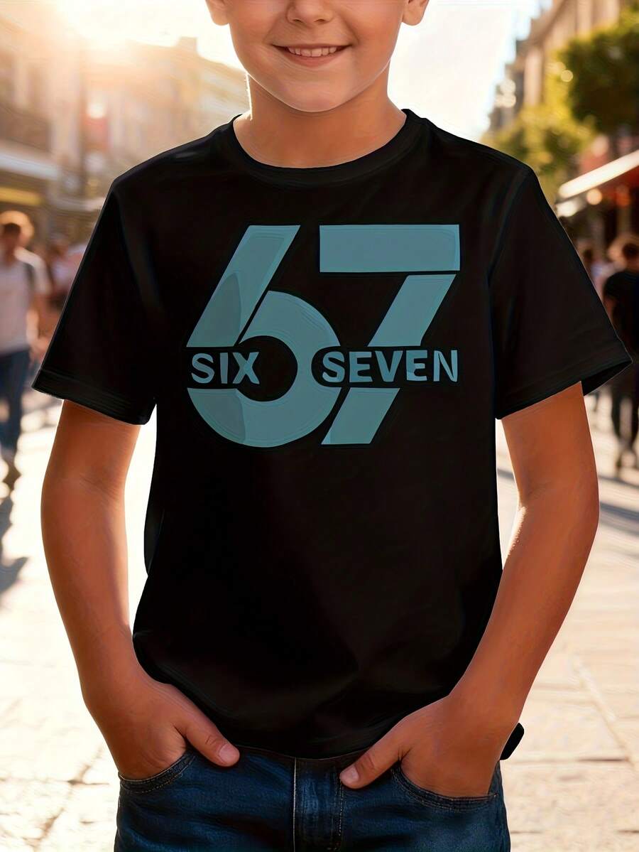 SIX SEVEN Graphic T-Shirt Number Six And Seven - Short Sleeve Cotton Casual Summer T-Shirt With Number Print, Round Neck, Comfortable Casual Wear For Playing, Easy Care - 黑色 - 查看 1