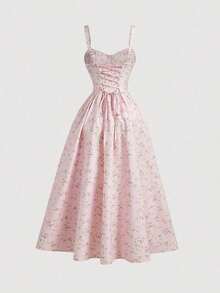 xheSHEIN MOD Vestido de línea A con tirantes de espagueti y lazo en la espalda, con estampado floral diminuto en color rosa pálidoxhe - Rosa - Ver 2