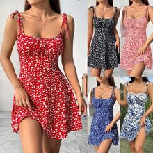 Women's Floral Print Tie Strap Mini Dress, Square Neck Ruched Bust A-Line Sundress, Casual Summer Beach Dress - Xanh lá nhạt - Xem 2