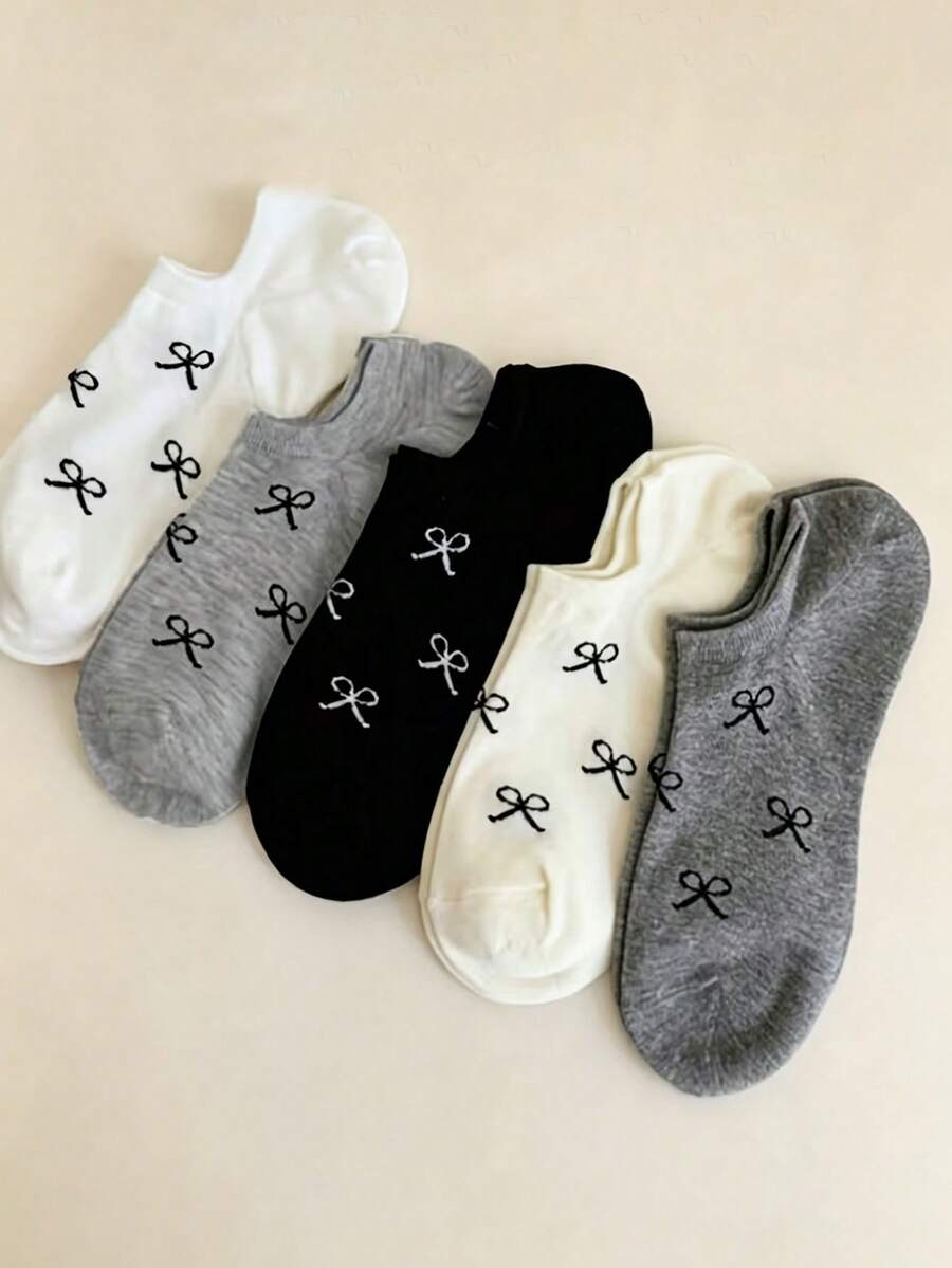 5/10 Pairs Women's Solid Color Bow Tie Boat Socks, Sweet & Comfortable Breathable Invisible Socks, Suitable For Daily Wear, Travel, Home, All Seasons - Multicolor - View 1