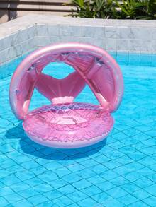 Flotador inflable con forma de escamas de sirena rosa con toldo solar, flotador de piscina para bebés y niños pequeños con asa para el verano - Rosa - Ver 6