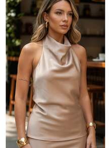 Women's Satin Blouse With High Neck And Open Back, Elegant For Parties - Beige - View 2