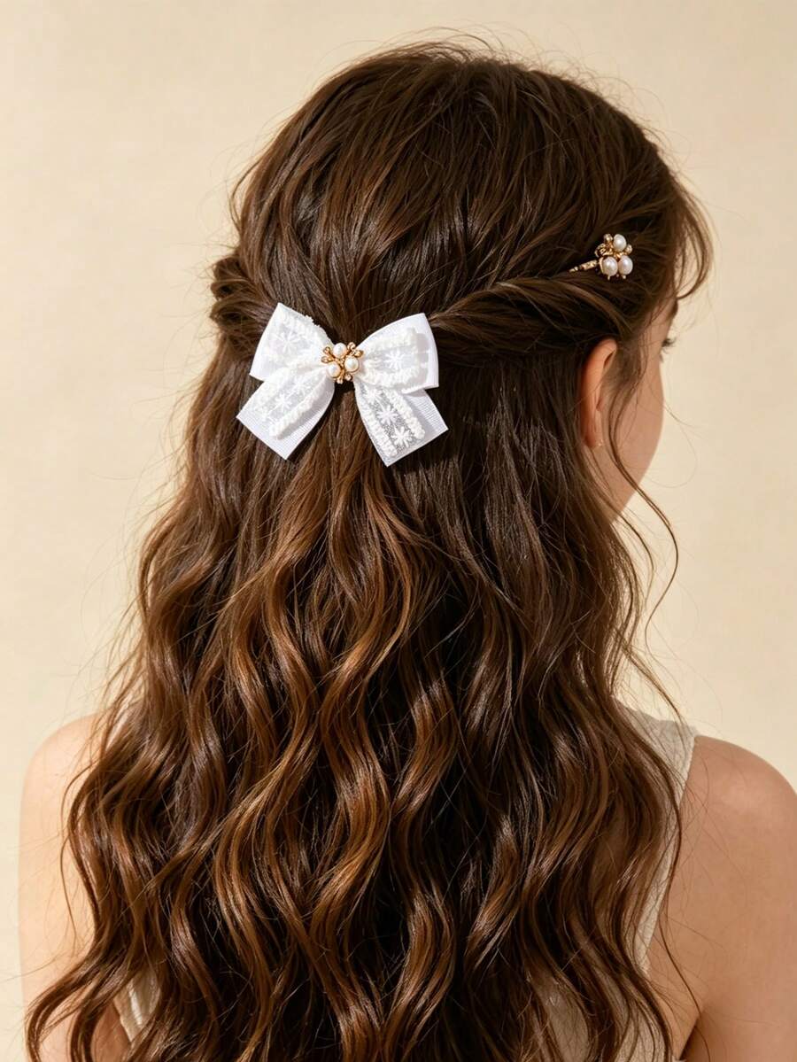 2pcs Girls' New Lace Hair Clips, Ponytail Clips, Birthday Party Decor Bangs Clips - Multicolor - View 1