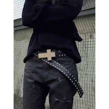 Y2K Punk Style Men's Casual Vintage Black Cross Buckle Belt, Suitable For Jeans, Daily Wear & Commute, Unisex - Black Claw Beaded Cross - View 10