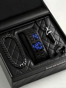 4pcs/Set Fashionable New Business Men's Stainless Steel Band LED Electronic Watch, Suitable For Daily Decoration - Black - View 12