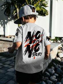 1pc Little Boy "NO RISK NO STORY" Slogan Print T-Shirt, Soft And Comfortable Fabric, Suitable For Outdoor Sports, Casual Wear, Boys Spring/Summer Top - Grey - View 4