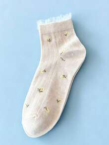 5 Pairs Women's Short Socks, Ditsy Floral White & Black Casual Socks, Minimalist & Comfortable, Suitable For All Seasons - Multicolor - View 3