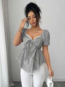 Elenzya Nueva llegada Blusa casual de uso diario para mujer con diseño minimalista, cuello cuadrado, lazo en la cintura y rayas azul francés y blancas - Negro - Ver 2