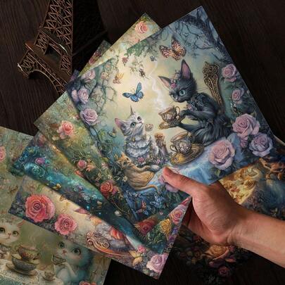 15cm/5.9 Inch Square Watercolor Cat Afternoon Tea Decorative Paper, Fantasy Rose Butterfly Scrapbooking Material Paper, Suitable For DIY Crafts, Vintage Journals, Collage, Planner Decoration