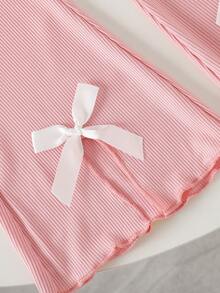 Young Girls Back To School Outfit Set: Striped Ruffle Peter Pan Collar Long Sleeve Top + Bow Decor Solid Color Split Flare Pants - Pink - View 5