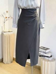 Falda lápiz ajustada de cintura alta con abertura lateral, elegante y de alta gama, para uso diario, en color gris, para primavera/verano - Gris - Ver 12