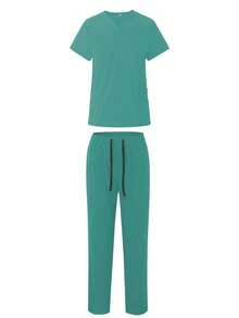黑色V领短袖医用工作服套装，医生和护士适用 - 薄荷綠 - 查看 5