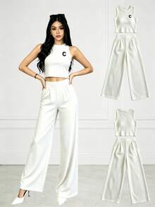 2-Piece Set Of Tank Top And Solid-Color Pants For Casual Holiday Wear - White - View 1