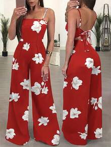 Mono elegante para mujer con estampado floral, mameluco camisola sin mangas de verano, pantalones de pierna ancha de moda para adultos - Naranja - Ver 6