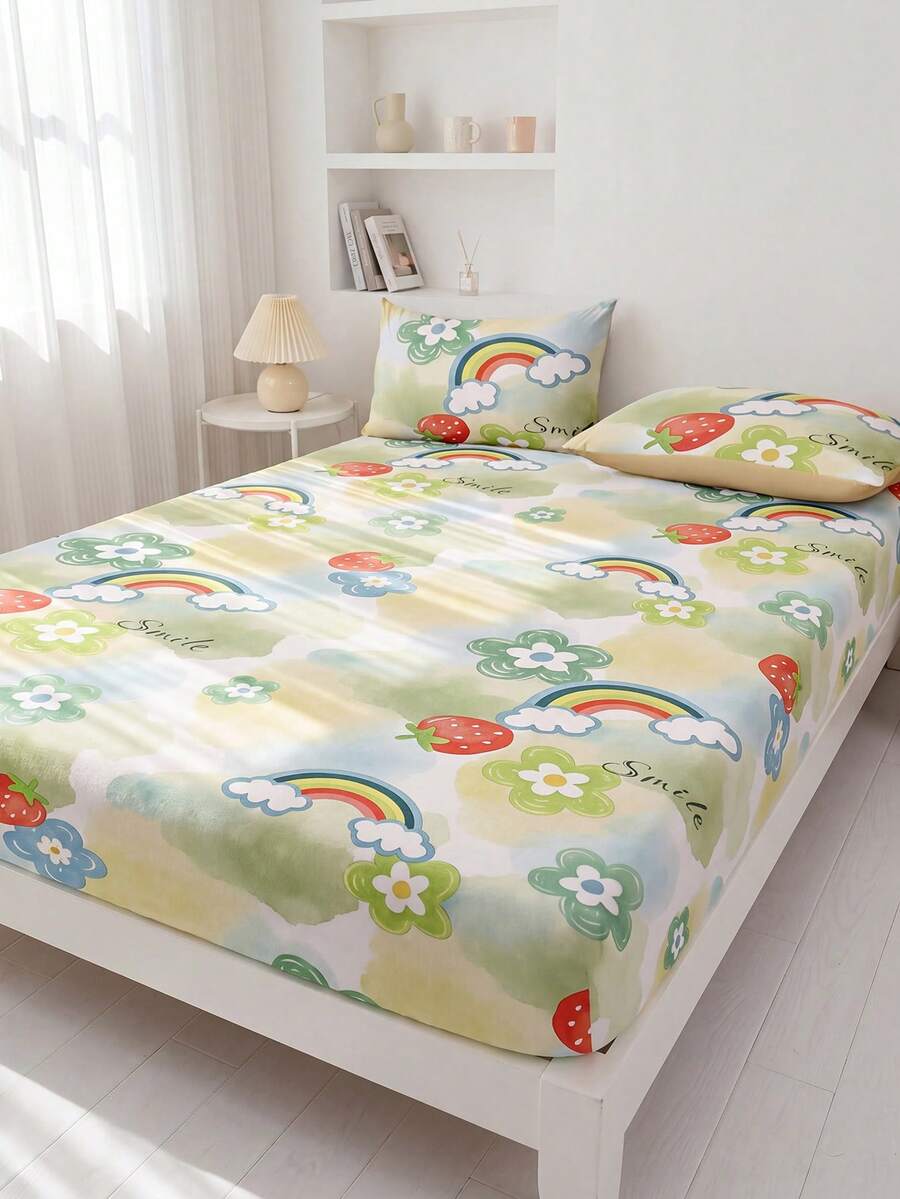 1pc Soft & Comfortable Fitted Bedsheet, Mattress Protector Cover, Skin-Friendly, All Season Use, Dust & Slip Resistant. Suitable For Twin, Full, Queen, King Size Beds. Strawberry Rainbow Pattern. Machine Washable (Excl. Pillow Case). Ideal Holiday Gift & Spring/Summer New Item.
